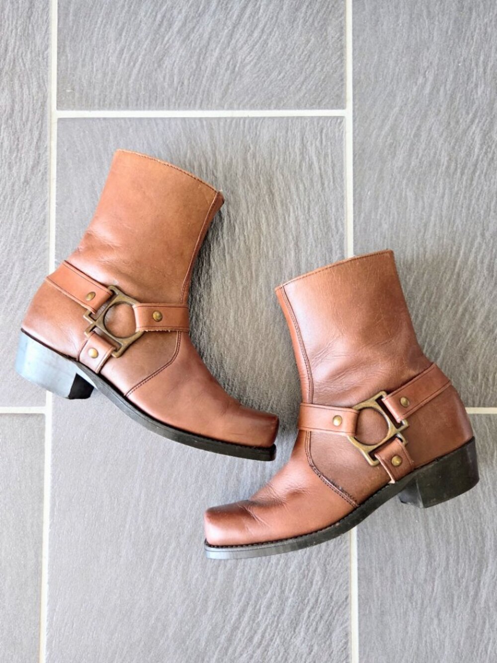 Vintage Mt. Shaw Brown Leather Biker Boots Saddle Strap Sid Zip Ankle Women's 7